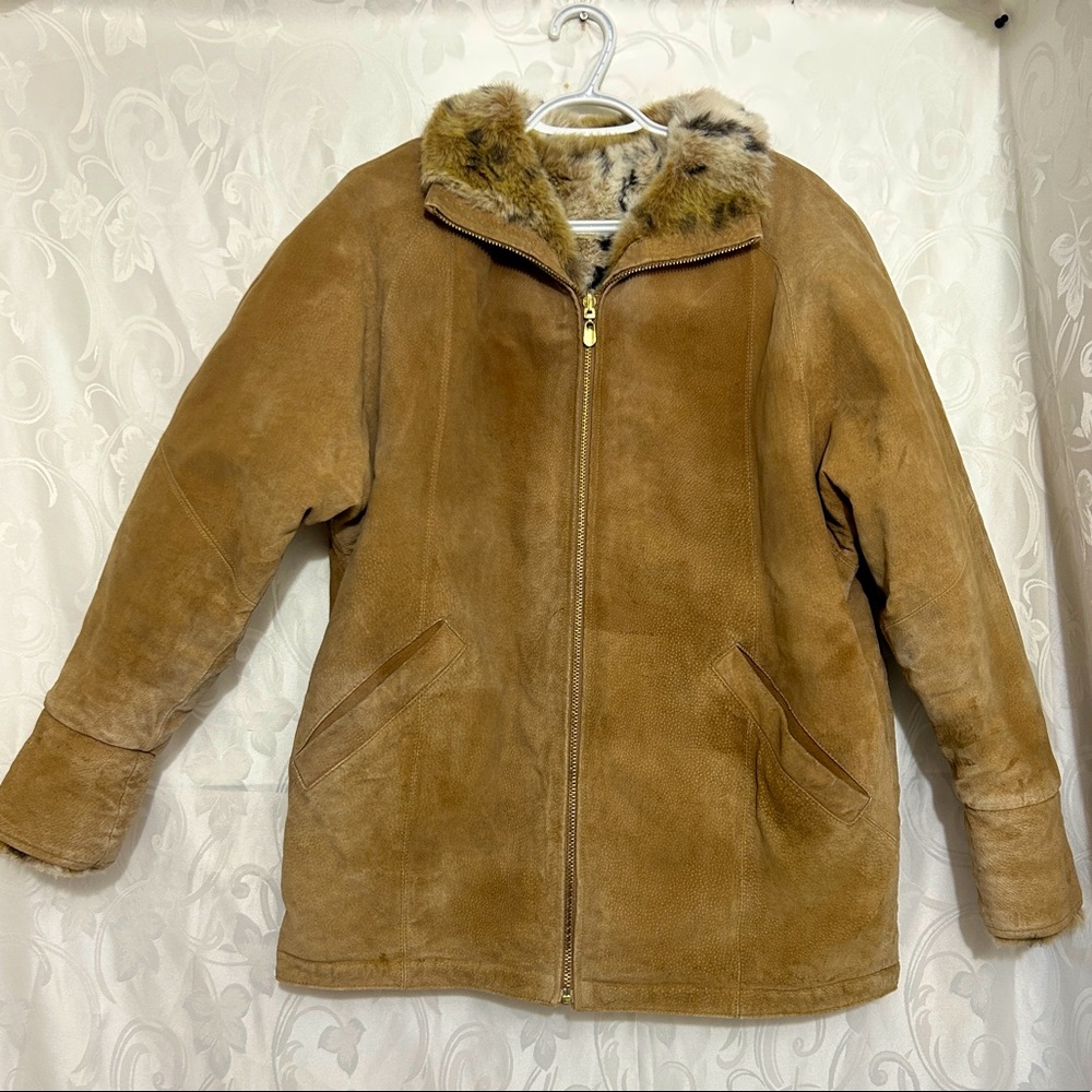 Vintage Tan Suede Animal Print Chunky Zip Up Winter Jacket